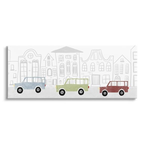 Stupell Industries Quaint City Neighborhood Cars Driving Along Road Illustration Canvas Wall Art, 40 x 17, Design by Daphne Polselli