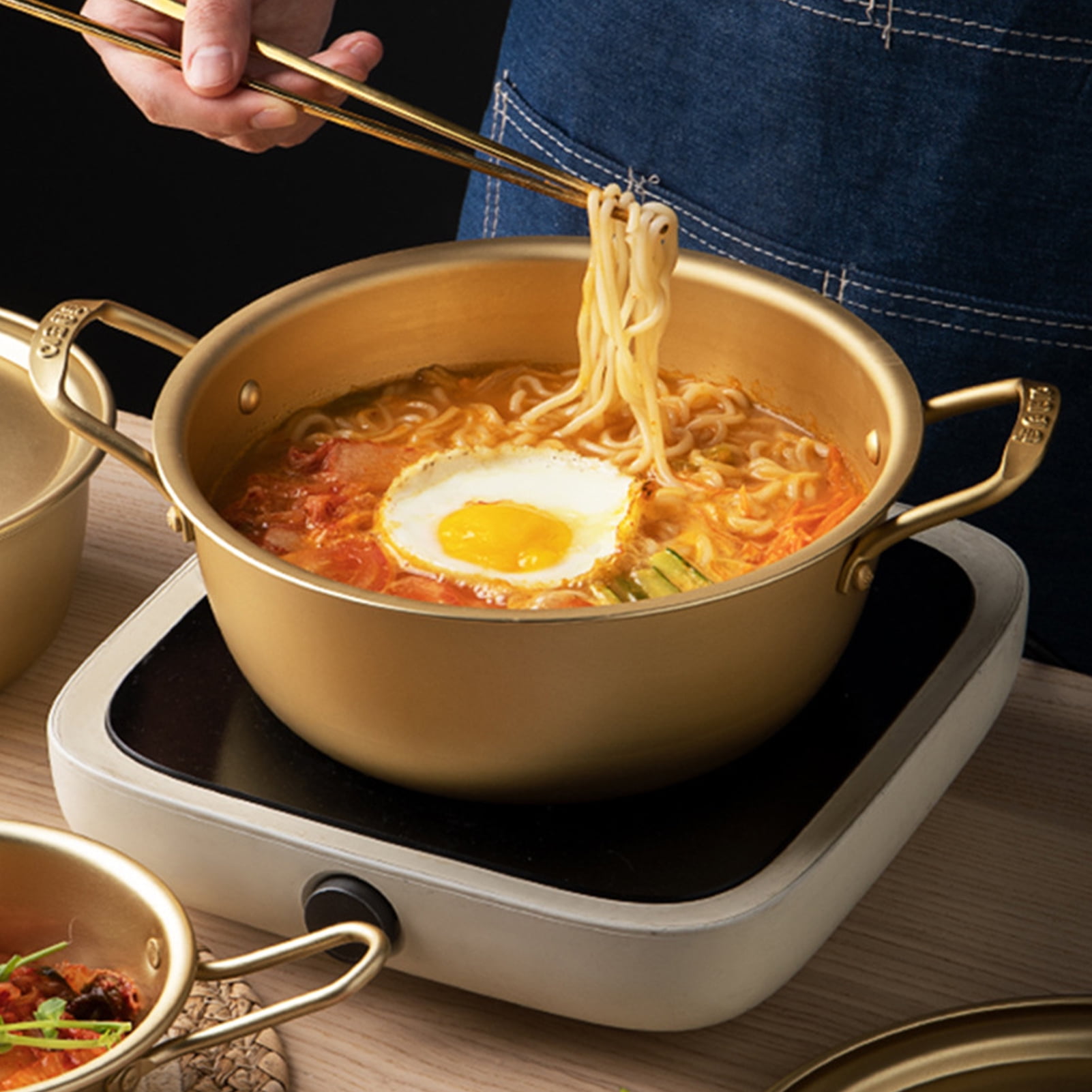 Korean Creative Stainless Steel Ramen Pot with Double Ear Non-Stick Kitchen  Seafood Dry Frying Pan