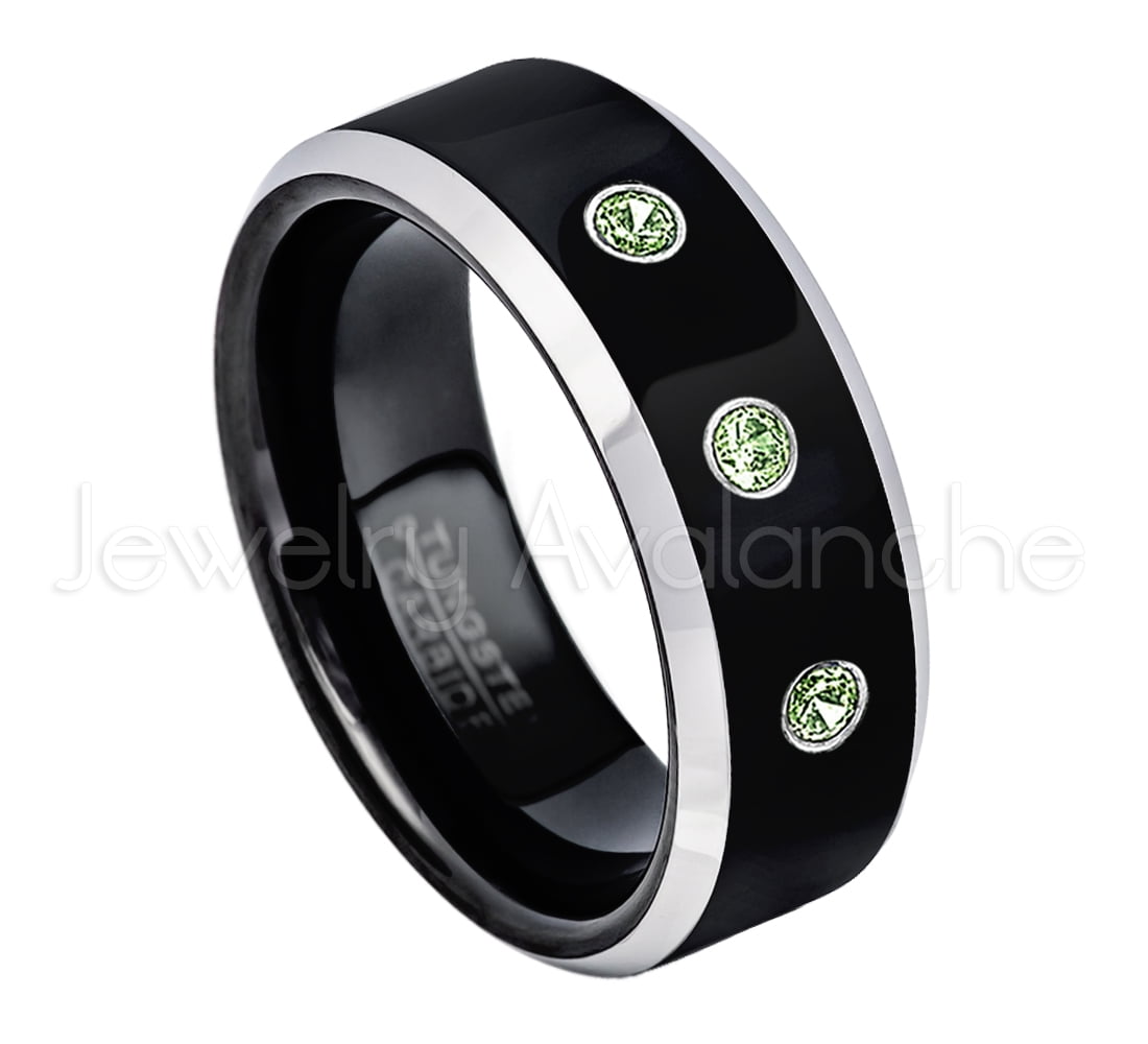 2Tone Black Tungsten Ring 0.21ctw Green Tourmaline 3stone Band
