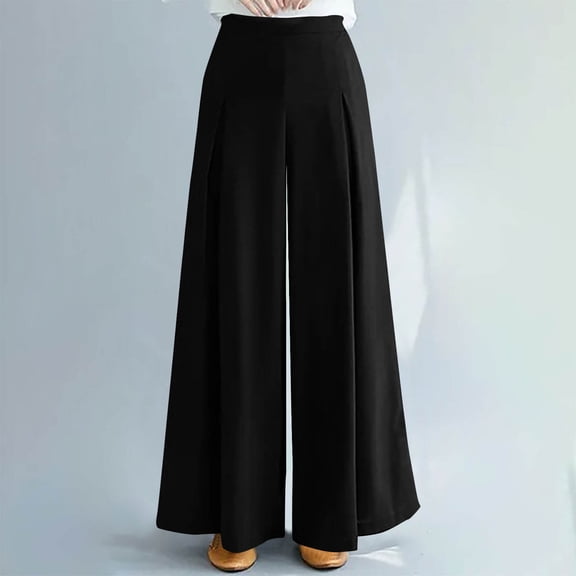 CQONEPT Womens Wide Leg Pants Flowy Fashion High Rise Pleat Pant Trendy Streetwear Vacation Trousers for Womens Black L