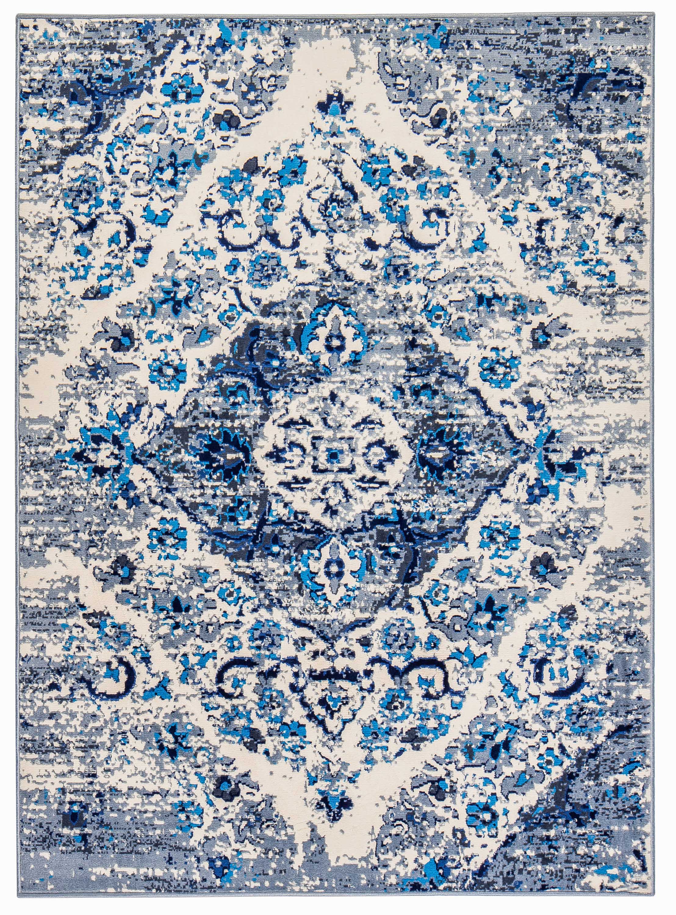 Global Blue and Gray Distressed Floral Motif Rug
