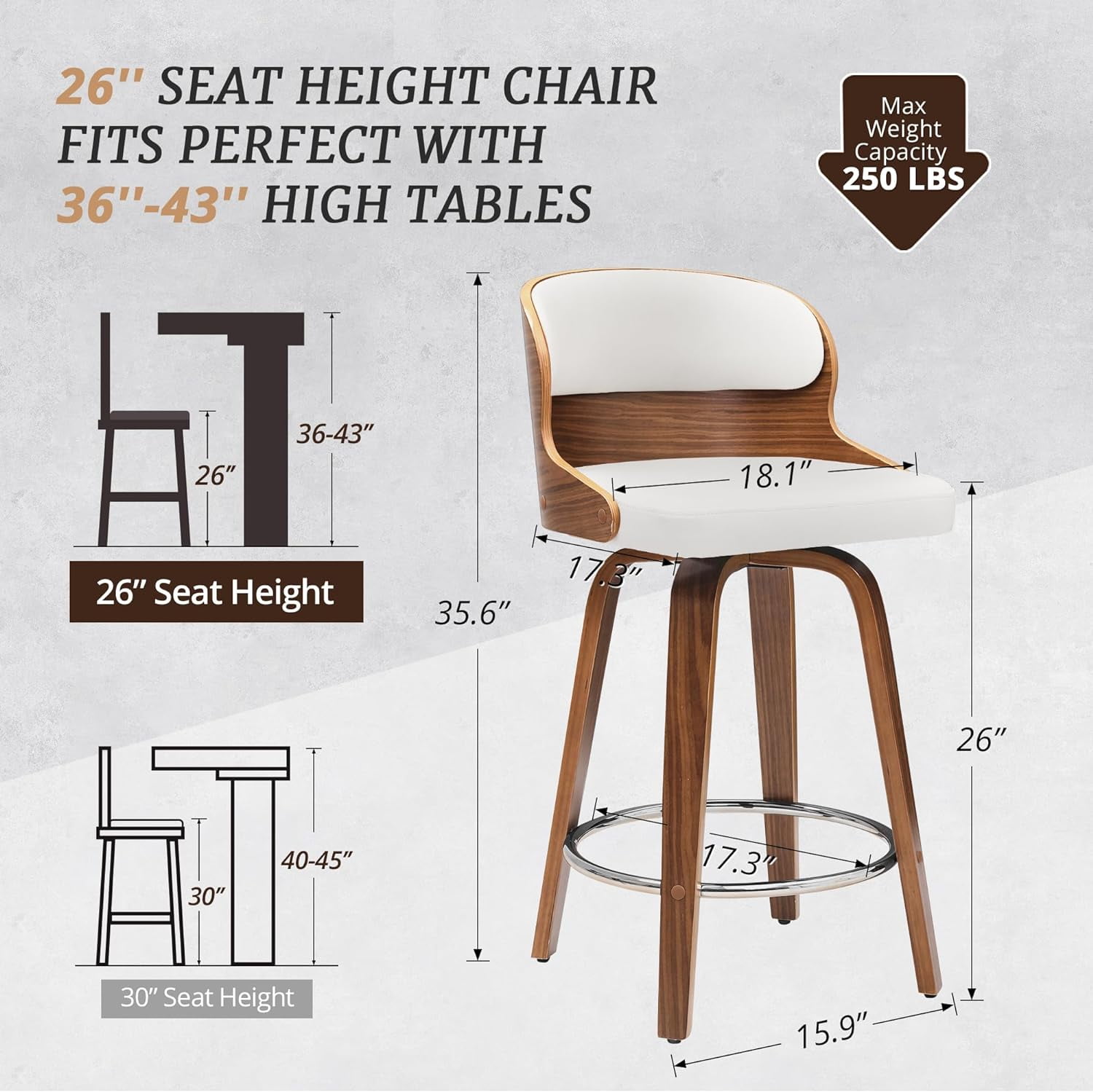 Dycanpo 26”Bar Stools Swivel, Wood Counter Height Bar Stools for Kitchen Island, White