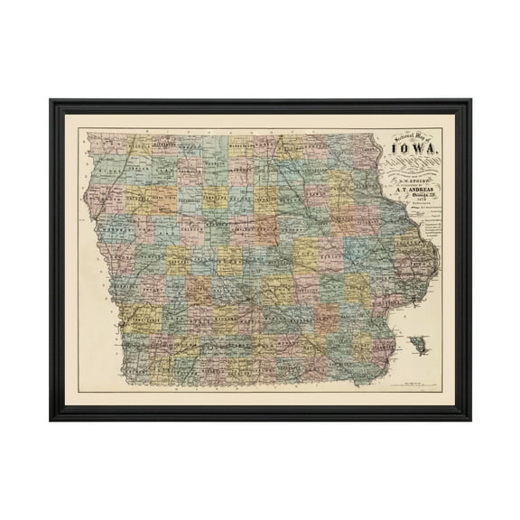 Iowa Art, 1875 Vintage Map of Iowa History Wall Decor Gift, Old Iowa Map - 24" x 18" Black Framed Print