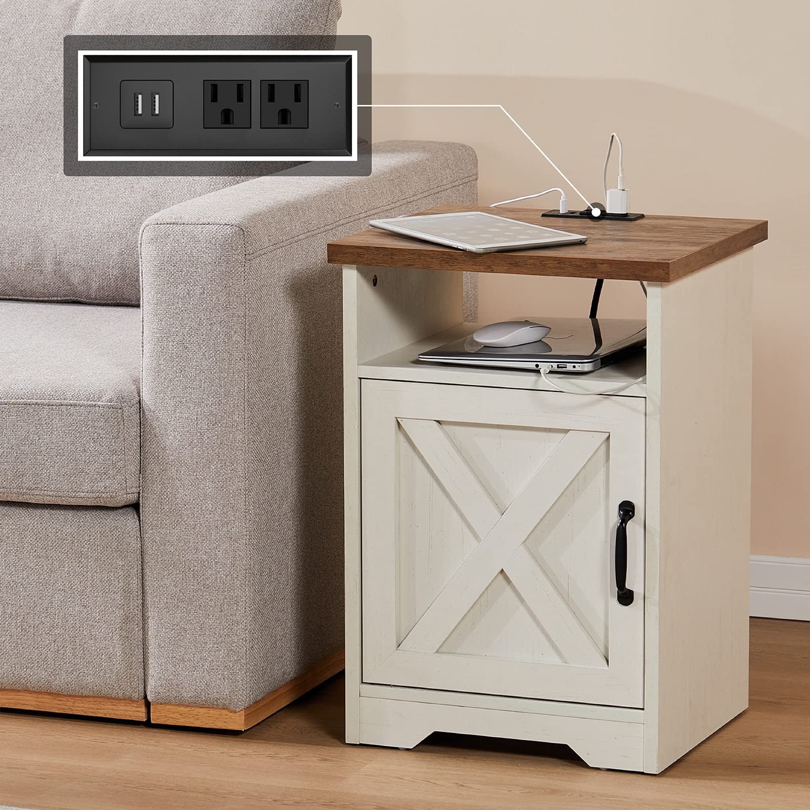 LUXOAK 3-Piece Farmhouse Table Set, Coffee Table & Two End Tables, USB Ports, Distressed White