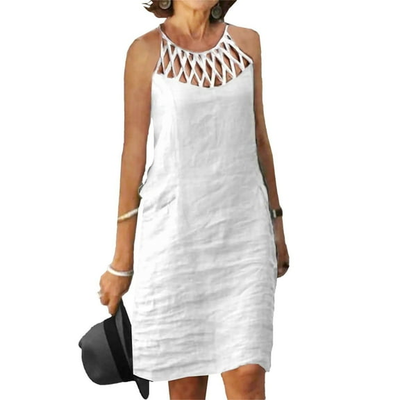 Womens Summer Linen Casual Halter Dress Crochet Hollow Out Straight Solid Color Beach Sleeveless Tank Sun Dress