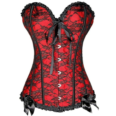 CHCNHAC Red Bustier Tops for Women Floral Pleated Trim Overbust Corset Satin Boned Lace Up Waist Cincher Sexy Plus Size Victorian Corsets 5XL