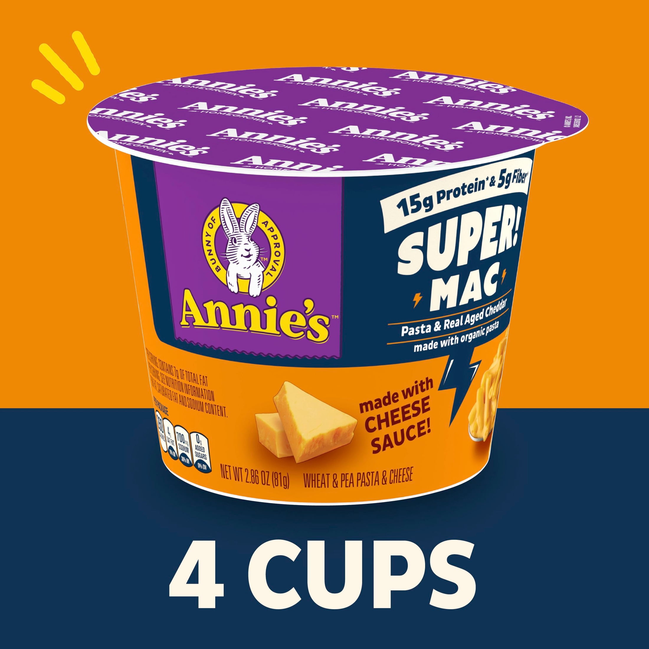Annie's Super! Mac Microwave Pasta and Real Aged Cheddar Cups, 4 Count, 11.44 oz