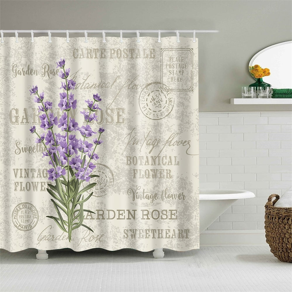 Vintage Shower Curtain Set With Hooks Retro Lavender Flowers Garden