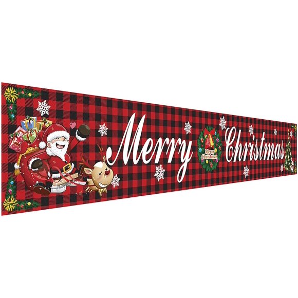 Large Merry Christmas Banner Outdoor Red Grid Christmas Banner Indoor Hanging Decor