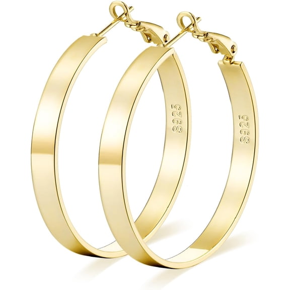 4MM Wide Large Gold Hoop Earrings for Women 14K Gold Plated 925 Sterling Silver Post Hoops Earring Trendy Thick Hypoallergenic Lightweight Big Chunky Hoops Earrings 30/40/50/60/70MM[d443]