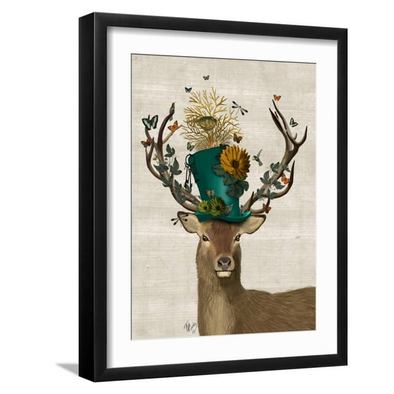 Art.com Mad Hatter Deer Art Print by Fab Funky, Black Frame Wall Art, 17" x 21"