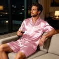 thumbnail image 5 of Premium Soft Satin Silk Set For Men Short Sleeve Button Front Top Loose Shorts Two Piece Loungewear With Pockets Pink S, 5 of 6