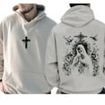 thumbnail image 3 of Virgin Mary Hoodie – Double Sided Religious Pullover with Cross Pattern, Trendy Catholic Faith Based Hoodie, Unisex Spiritual Streetwear, 3 of 7