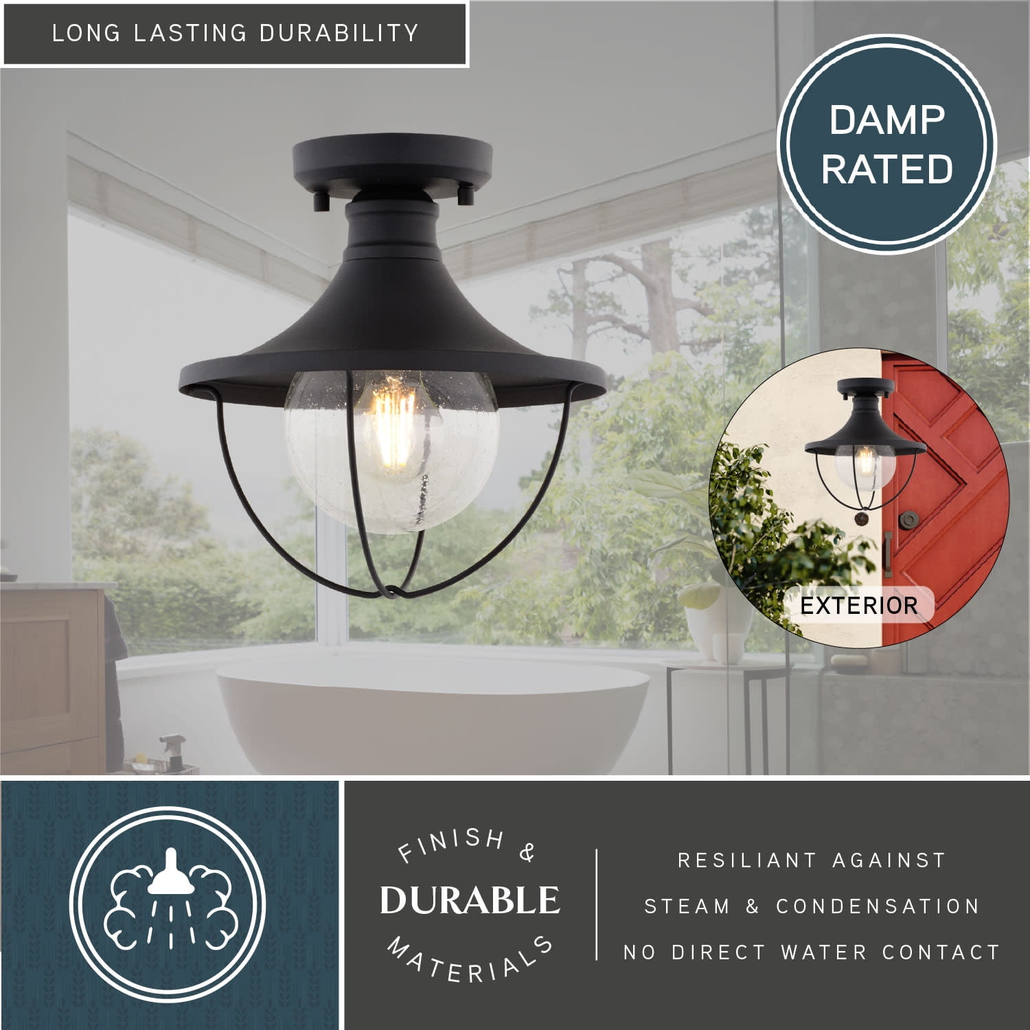 Dunlap Textured Black Coastal Outdoor Flush Mount Ceiling Light Clear Glass