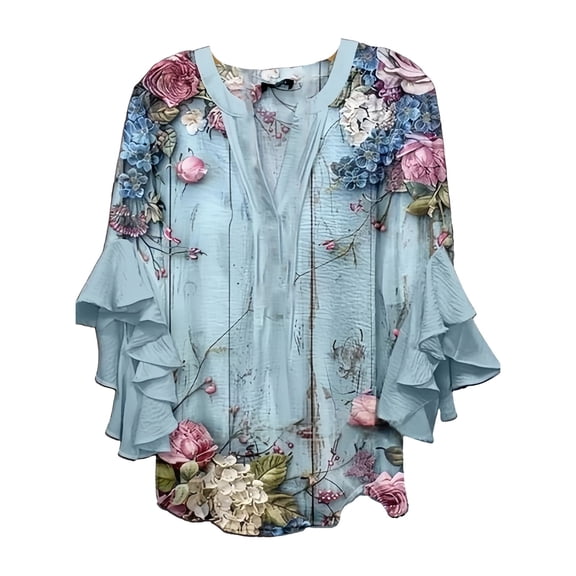Womens Tops 3/4 Length Sleeves Tops Sleeve Tops Half Button Down Summer V Neck Tops Light Blue Women Blending Shirts Women's Long Sleeve T-Shirt(XXXXL)