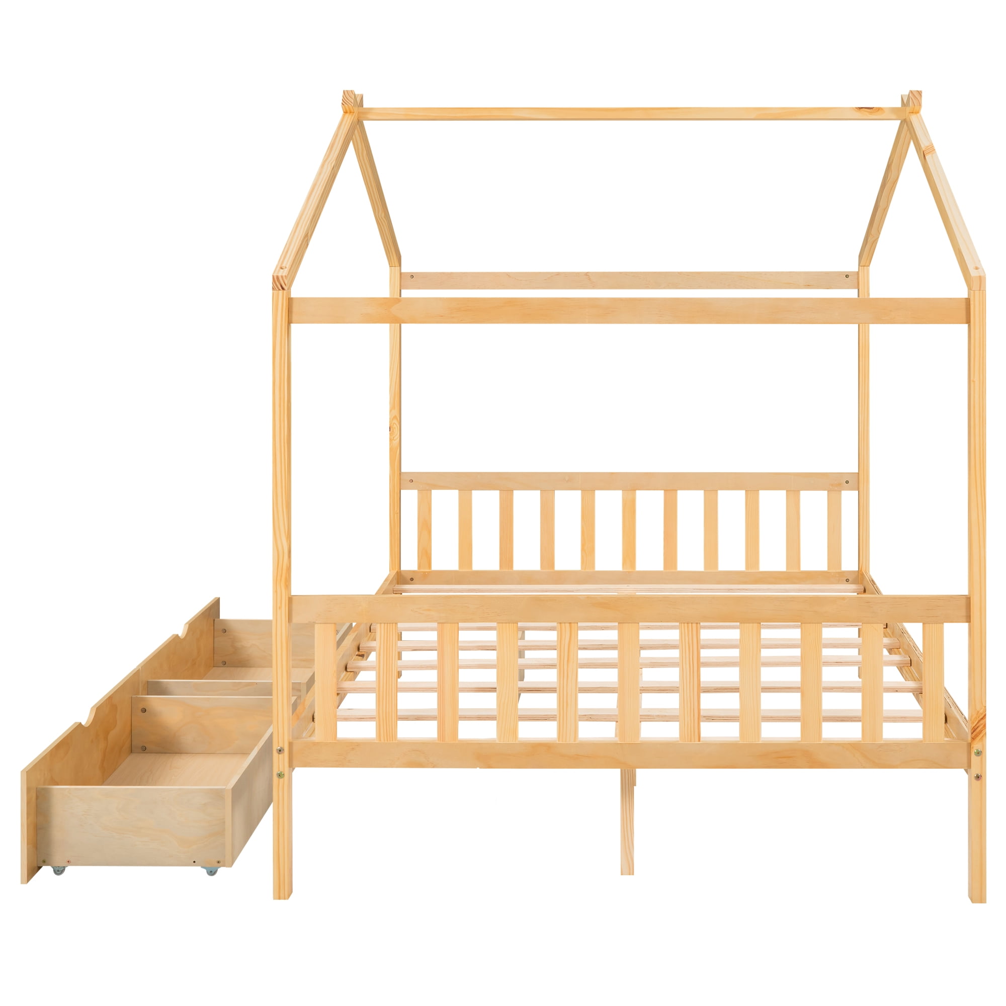 Aukfa Full House Bed with Storage Drawers, Wood Montessori Bed - Oak