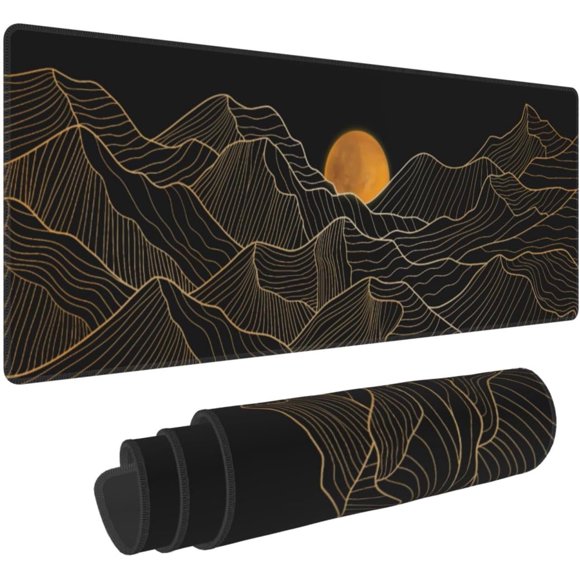 Tapis de Souris de Jeu Paysage de Lune de Montagne Dorée - Grand Tapis de Souris Étendu 35,4 Pouces X 15,7 Pouces, Art en Lignes Dorées, Base en Caoutchouc Antidérapante, Bords Cousus, Idéal pour la Maison et le Bureau