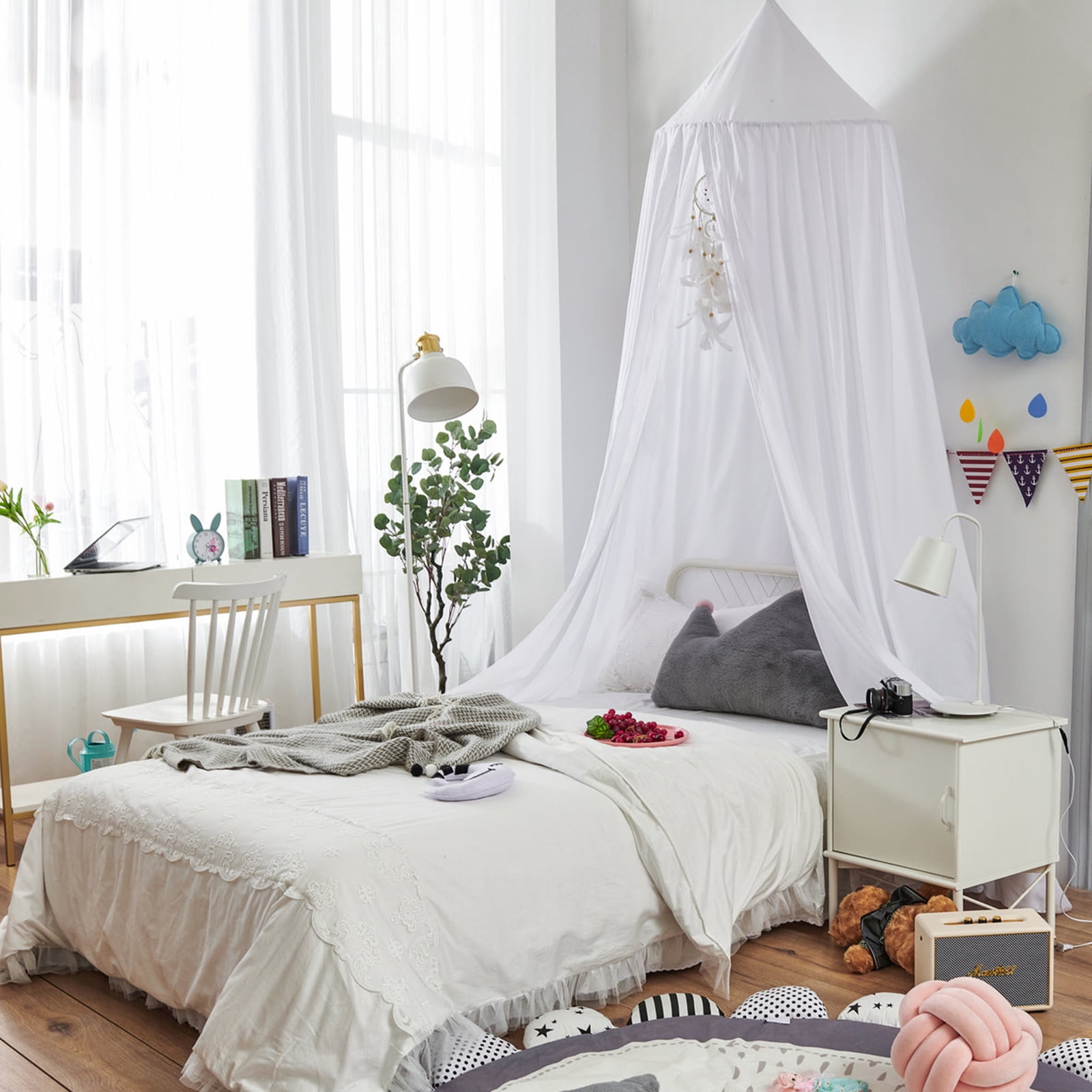 BUTORY Bed Canopy for Kids Soft Breathable Bed Curtain Canopy Round Dome Canopy Bed Cover Decorative Princess Hanging Canopy Oversized Large Curtain Canopy with Hook Adhesive