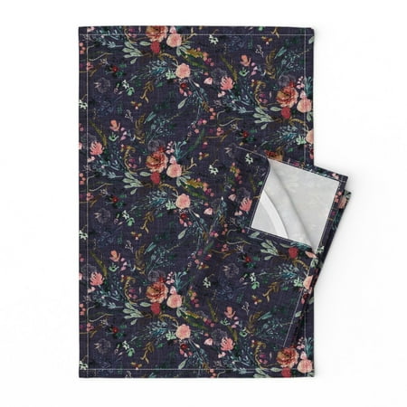 

Printed Tea Towel Linen Cotton Canvas - Fable Floral Flowers Dark Garden Spring Print Decorative Kitchen Towel by Spoonflower