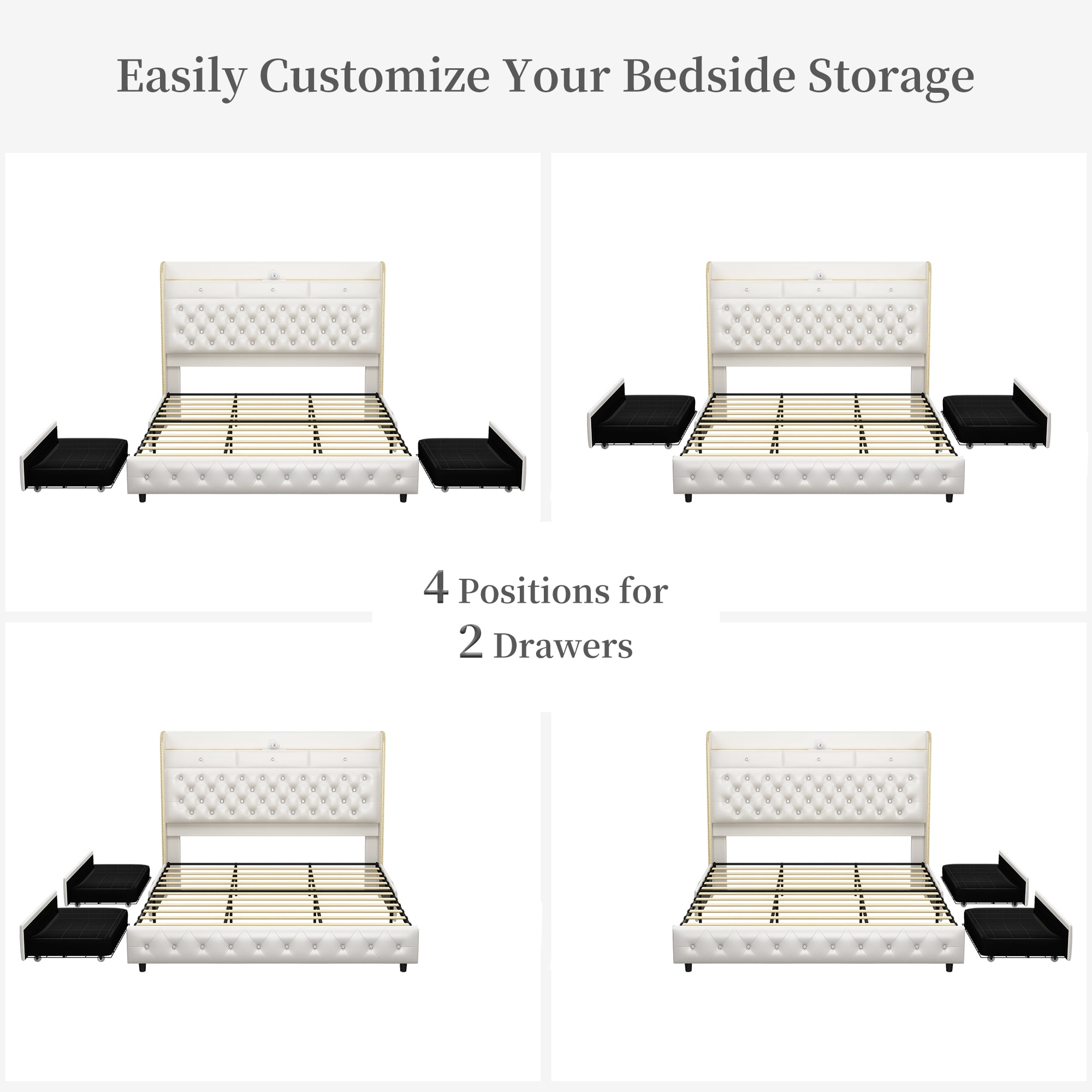 SIBEDS Full LED Bed Frame with Galaxy Projector, Charging Station, 52" Headboard & 2 Drawers, White