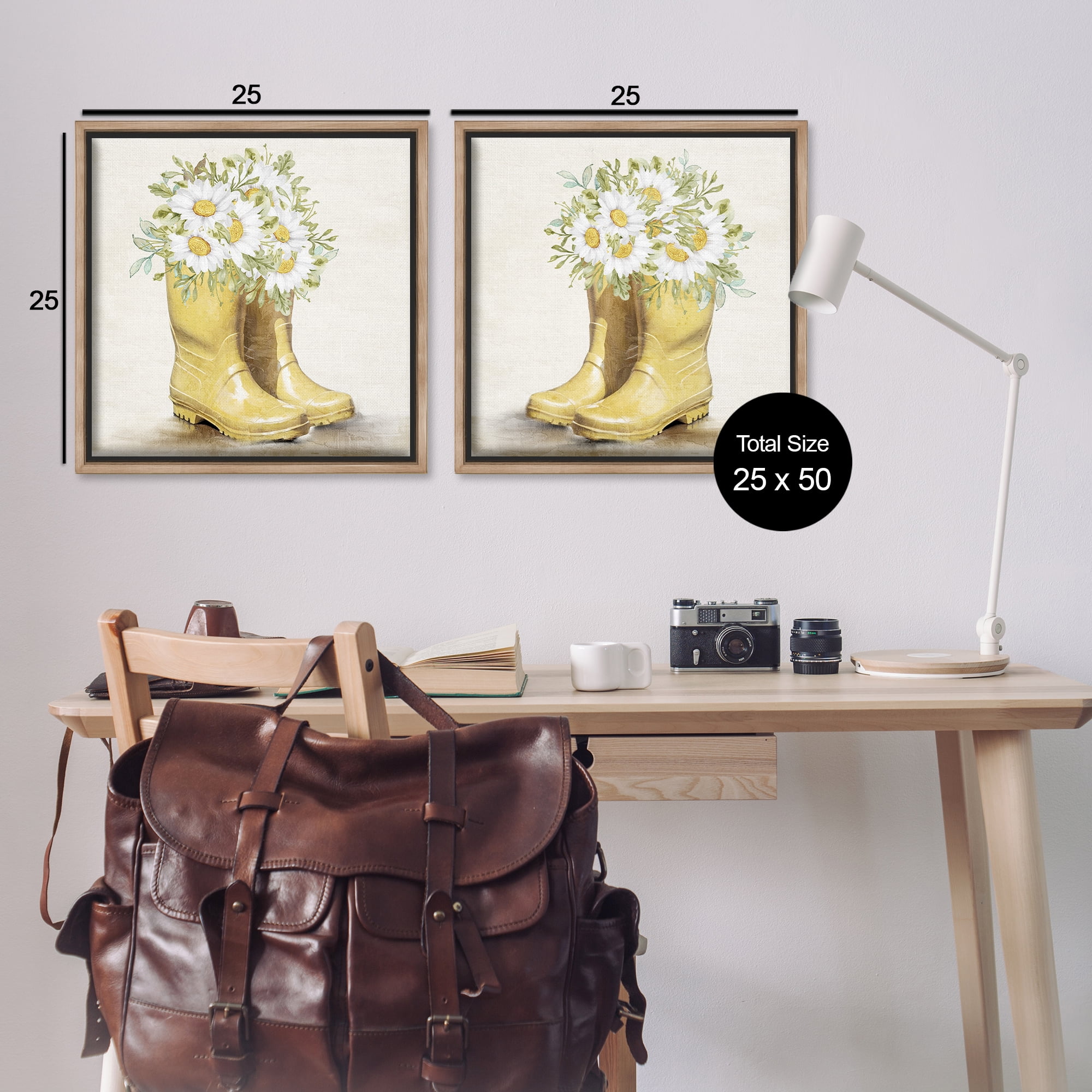 Stupell Industries Yellow Garden Boots Daisies Plants & Flowers Painting Brown Floater Framed Canvas Art Print Wall Art, 25 x 25, Set of 2