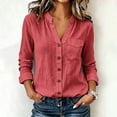 thumbnail image 4 of GZWYHT Women's Cotton Linen Button Down Shirt Stand Collar V Neck Long Sleeve with Chest Pocket Loose Fit Solid Color Casual Blouse Lightweight Work Tops Red 3XL, 4 of 7