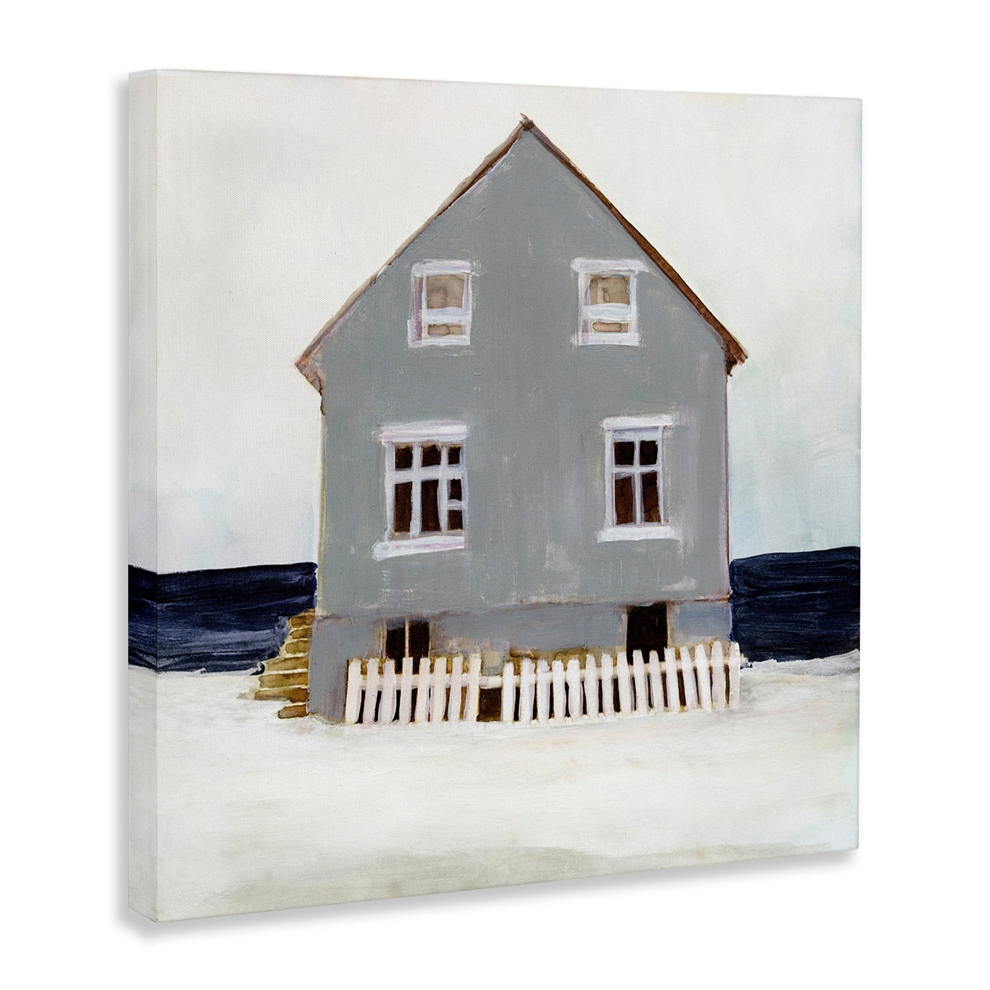 Stupell Industries Winter Beach House Landscape Cool Coast Line Nature Painting Gallery Wrapped Canvas Art Print Wall Art, 24 x 24