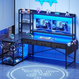 Jojoka U Shaped Computer Gaming Desk with LED Light & Power