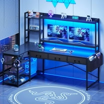 SEDETA 55" L Shaped Gaming Desk, Black Gaming Desk with Hutch & Shelves, Corner Computer Desk with Fabric Drawers & Power Strip, Reversible Home Office Desk with LED Lights, Monitor Stand, Black