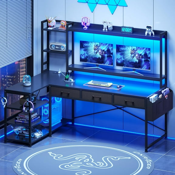 SEDETA 55" L Shaped Gaming Desk, Black Gaming Desk with Hutch & Shelves, Corner Computer Desk with Fabric Drawers & Power Strip, Reversible Home Office Desk with LED Lights, Monitor Stand, Black