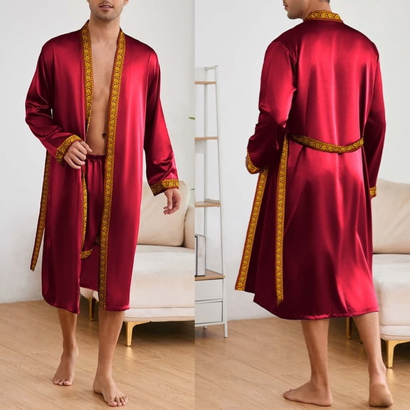 Mens Satin Robe Lightweight Silk Long Sleeve Bathrobe with Shorts Set Spa Kimono Sleepwear Nightwear Size 2XL Wine