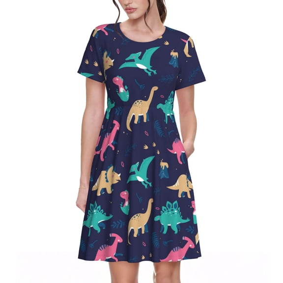 Defioc Cartoon Dinosaur Pattern Womens Summer Dresses Short Sleeve Sundress 2025 Beach Vacation Dresses with Pockets -Small