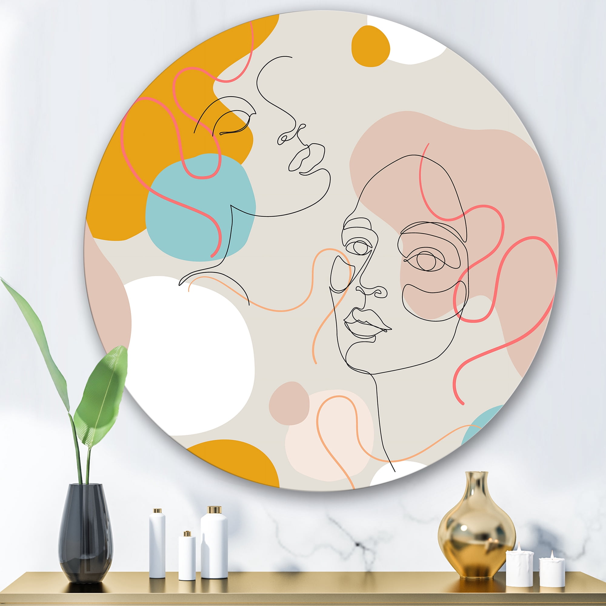 Designart 'Minimal Portrait of Female Face Drawn With One Line II' Modern Circle Metal Wall Art 36x36 - Disc of 36