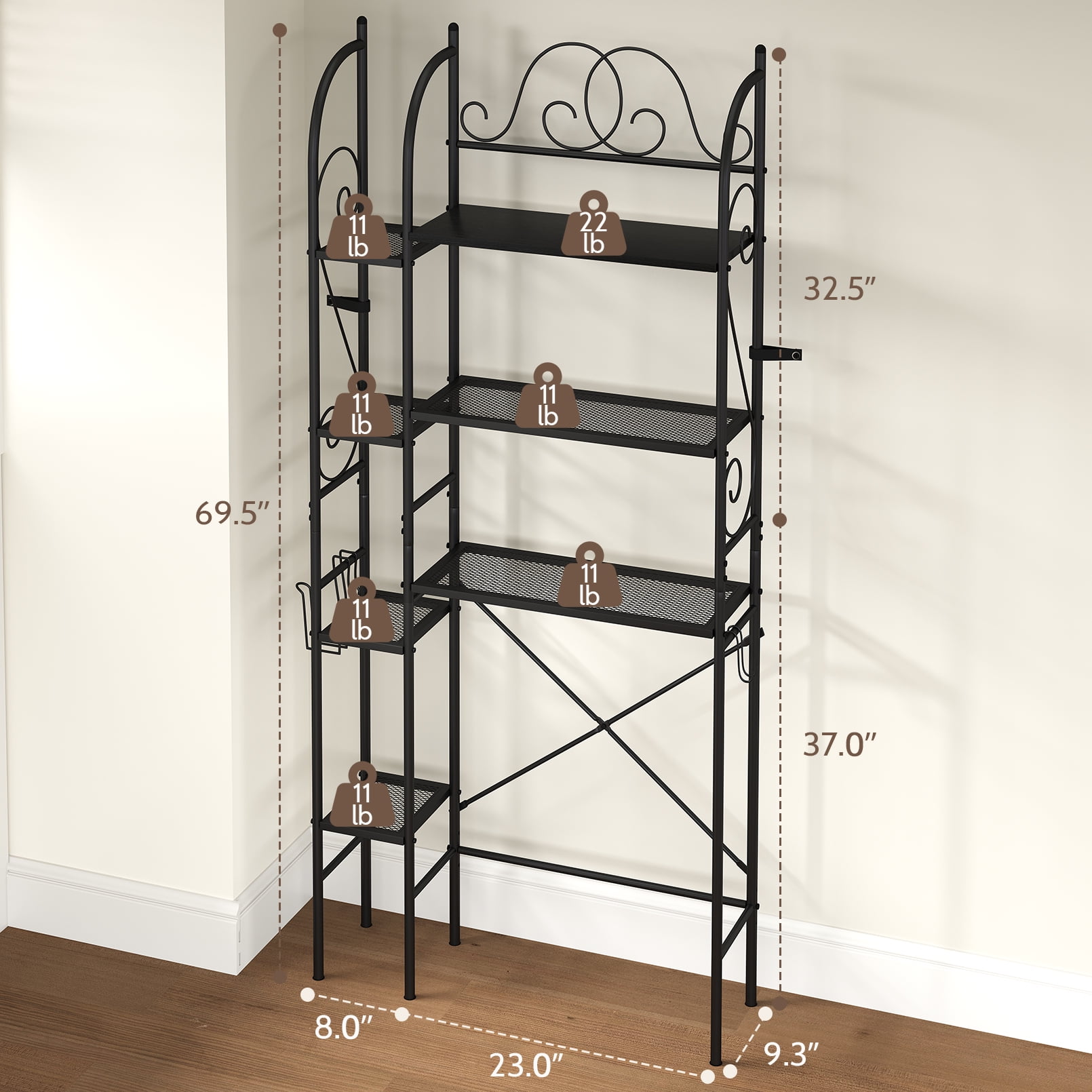 7-Tier Over the Toilet Storage Rack, Heavy-Duty Metal Bathroom Organizer with Adjustable Shelf, Dual Toilet Paper Holders, Side Hooks, Space Saver for Small Bathroom Storage, Black
