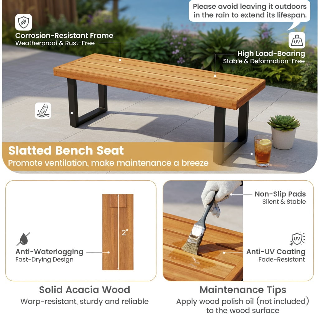 Hommoo Set of 2 Acacia Wood Outdoor Patio Benches, 48" Dining Bench with Heavy-Duty Metal Frame, Weather-Resistant Garden Seating, Natural & Black