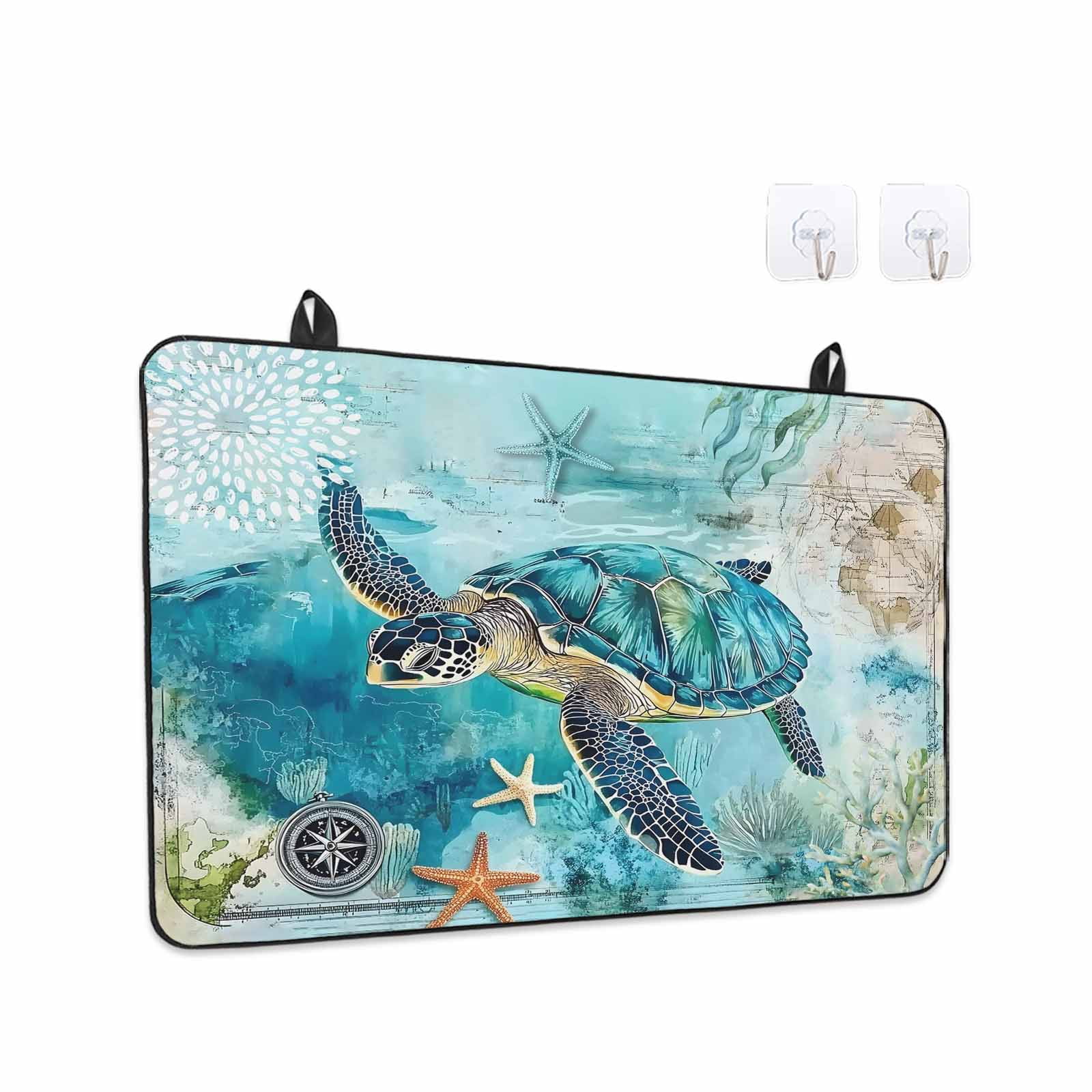 Turquoise Turtle Stove Top Cover for Electric Stove, Heat-proof & Non Slip Glass Top Stove Cover Protector, Farmhouse Coastal Starfish Seaweeds Kitchen Flat Cooktop Rubber Mat 24x21 Inches