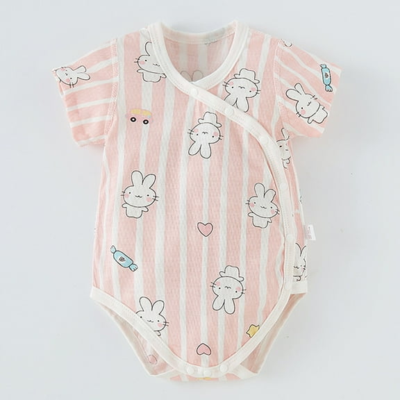 Nrmvnmi Baby Side Snap Romper Short Sleeve Cute Rabbit Print Romper Newborn Cotton Onesie Jumpsuit For 0-24 Months