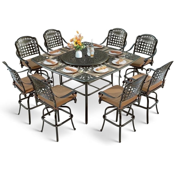 MEETWARM 10-Piece Outdoor Bar Set, All Weather Cast Aluminum High Patio Dining Set w/ 8 Cushioned Swivel Bar Stools, Large 64" Square Patio Bar Height Table with Detachable Lazy Susan, Umbrella Hole
