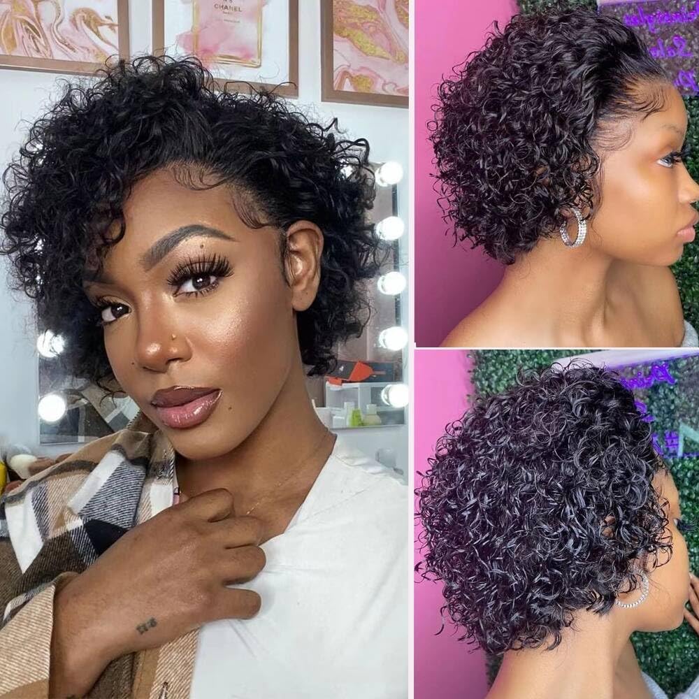 CJBZLCPCOO Wig  Wear and Go Gluelss Bob Wigs  Pre Cut Pre Plucked 4x4 Lace Closure No Glue Needed for Beginners Short Curly Human Hair Wigs For Women