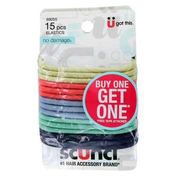 Scunci No Damage Hair Elastics Hair Ties, Assorted Colors or Black, 15-Pieces