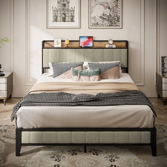 Queen Size Metal Platform Bed Frame with Charging Station, Grey, No Box Spring Needed for Main Bedroom