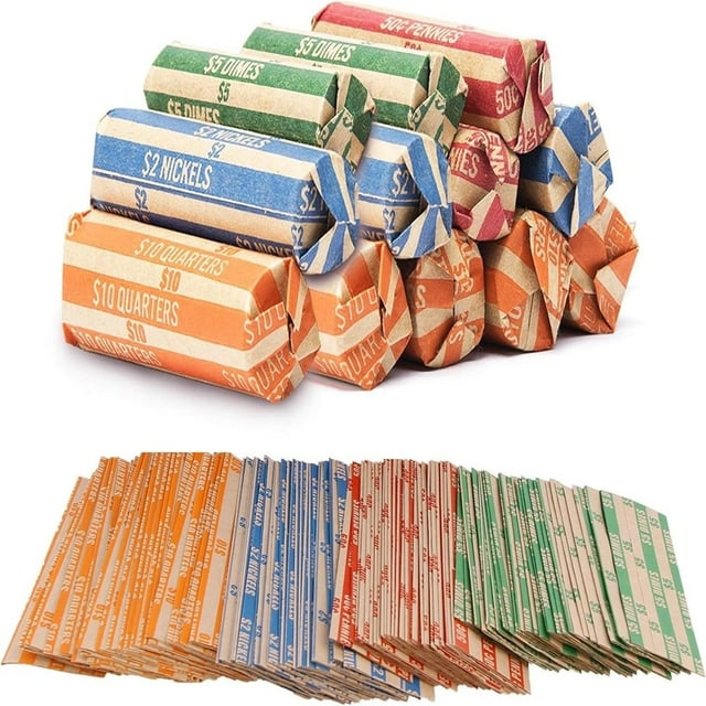 QJUHUNG Premium Coin Wrappers for All Coin Roll Wrappers 150 Pcs Assorted Packed Flat Stripped Coin Wrappers Coin Rolls Wrapper for Quarters Dimes Nickels Pennies
