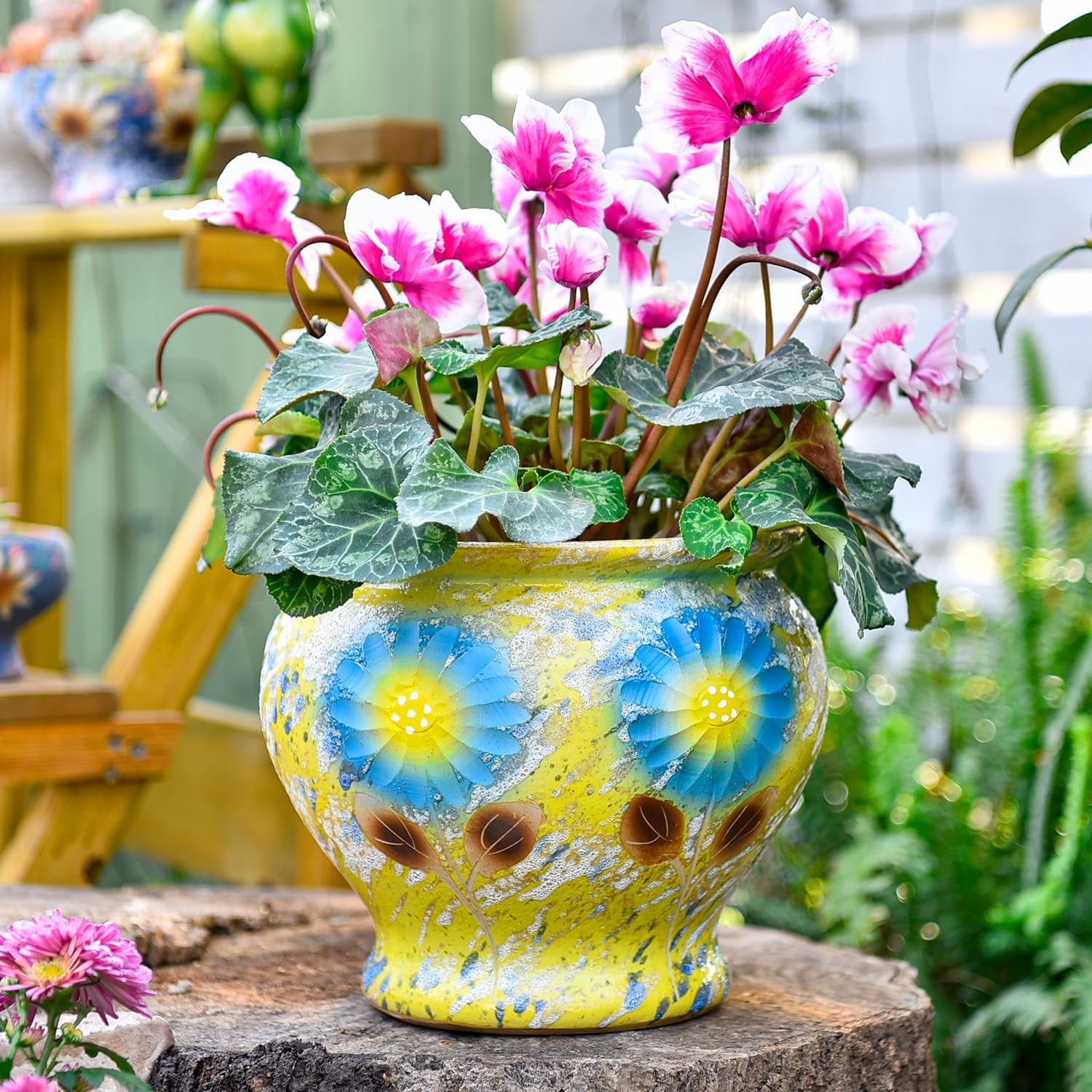 Sungmor Ceramic Round Flower Pot, Gold with Floral Pattern and Drainage Holes