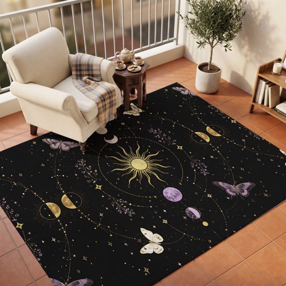 Area Rugs 5'x7', Mystic Night Sky Carpet Runner Indoor Outdoor Rugs Home Decor Aesthetic, Golden Sun Moon Stars Butterfly Non Slip Mats Washable Accent Rug for Living Room Bedroom