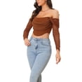thumbnail image 4 of INSPIRE CHIC Mesh Sheer Long Sleeve Corset Crop Top for Women Ruched Off Shoulder Blouse Push Up Party Boned Bustier L Brown, 4 of 6