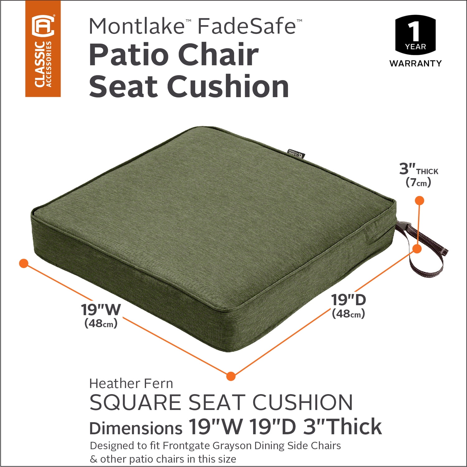 Classic Accessories Montlake FadeSafe Water-Resistant Patio Dining Seat Cushion, 19 x 19 x 3 inch, Heather Fern