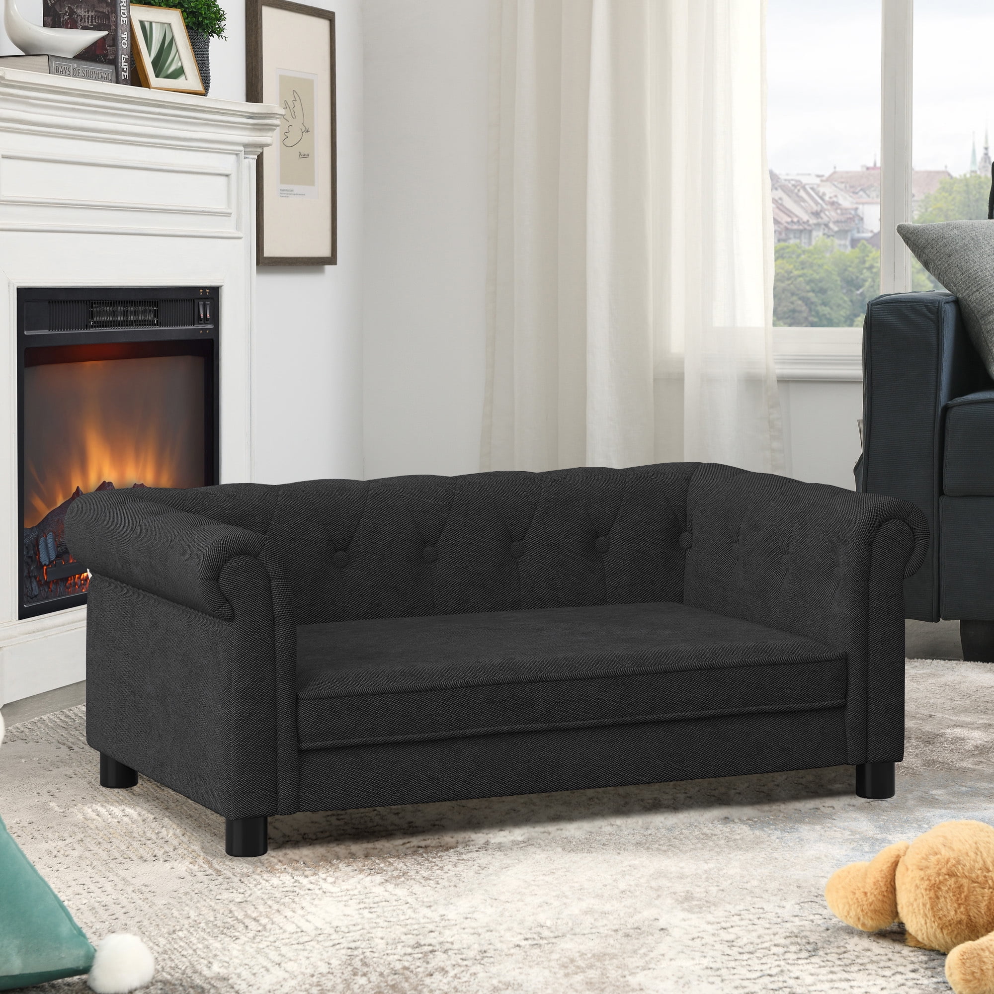 Jopath Dog Sofa, Durable Elevated Dog Sofa Bed Fashionable Linen Fabric Rectangular Pet Bed for Small and Medium-Sized Dogs Black