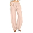 thumbnail image 2 of Women's Summer Linen Pants Drawstring Loose Cotton Linen Straight Wide Leg Pant Woman Casual Solid Lightweight Breathable Comfy Beach Vacation Trouser, 2 of 5