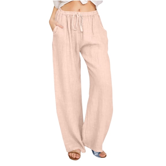 GUACER Womens Trousers Fashion Cotton Linen Drawstring Elastic Waisted with Pockets Baggy Straight Leg Pants