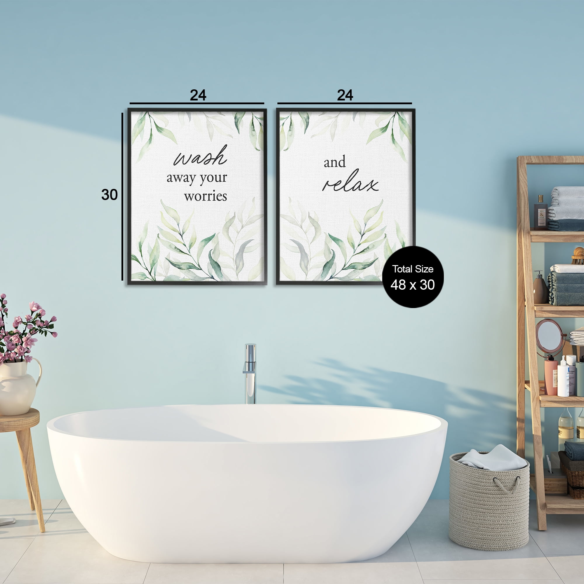 Soothing Bathroom Greenery Words 2 Piece Black Framed Giclee Art Set, design by Lettered and Lined